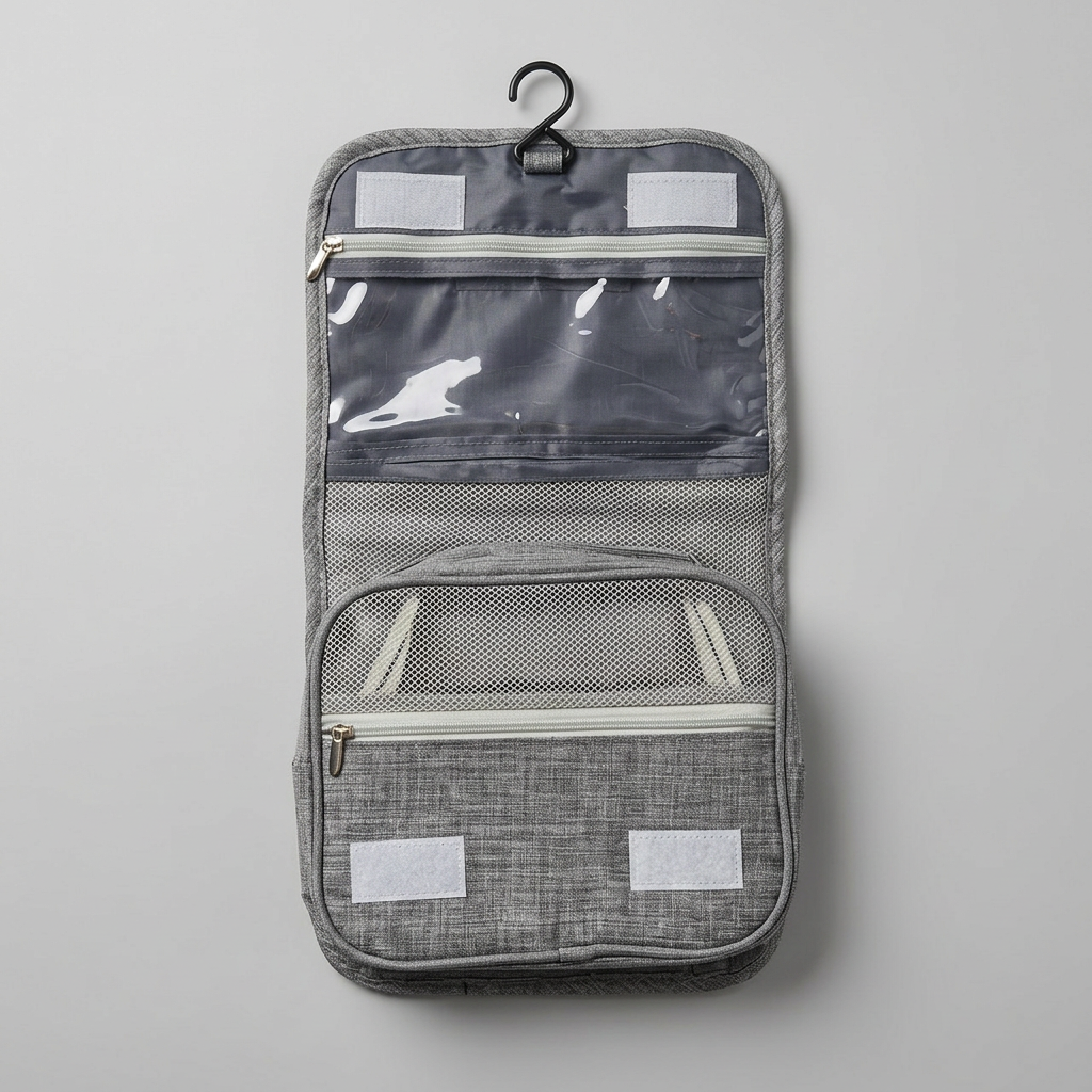 Necessaire em Oxford aberta com divisórias, bolsos e gancho