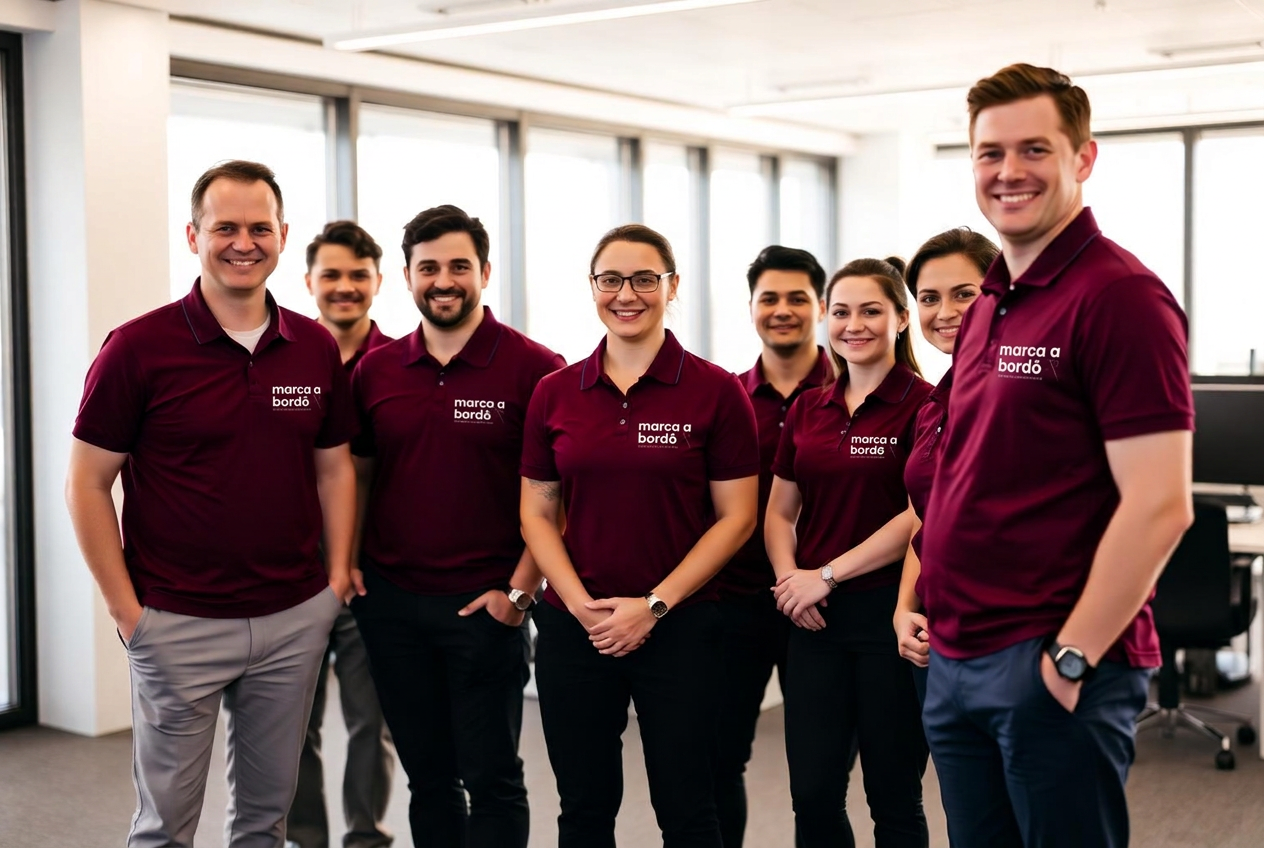 Equipe com uniforme corporativo bordô padronizado
